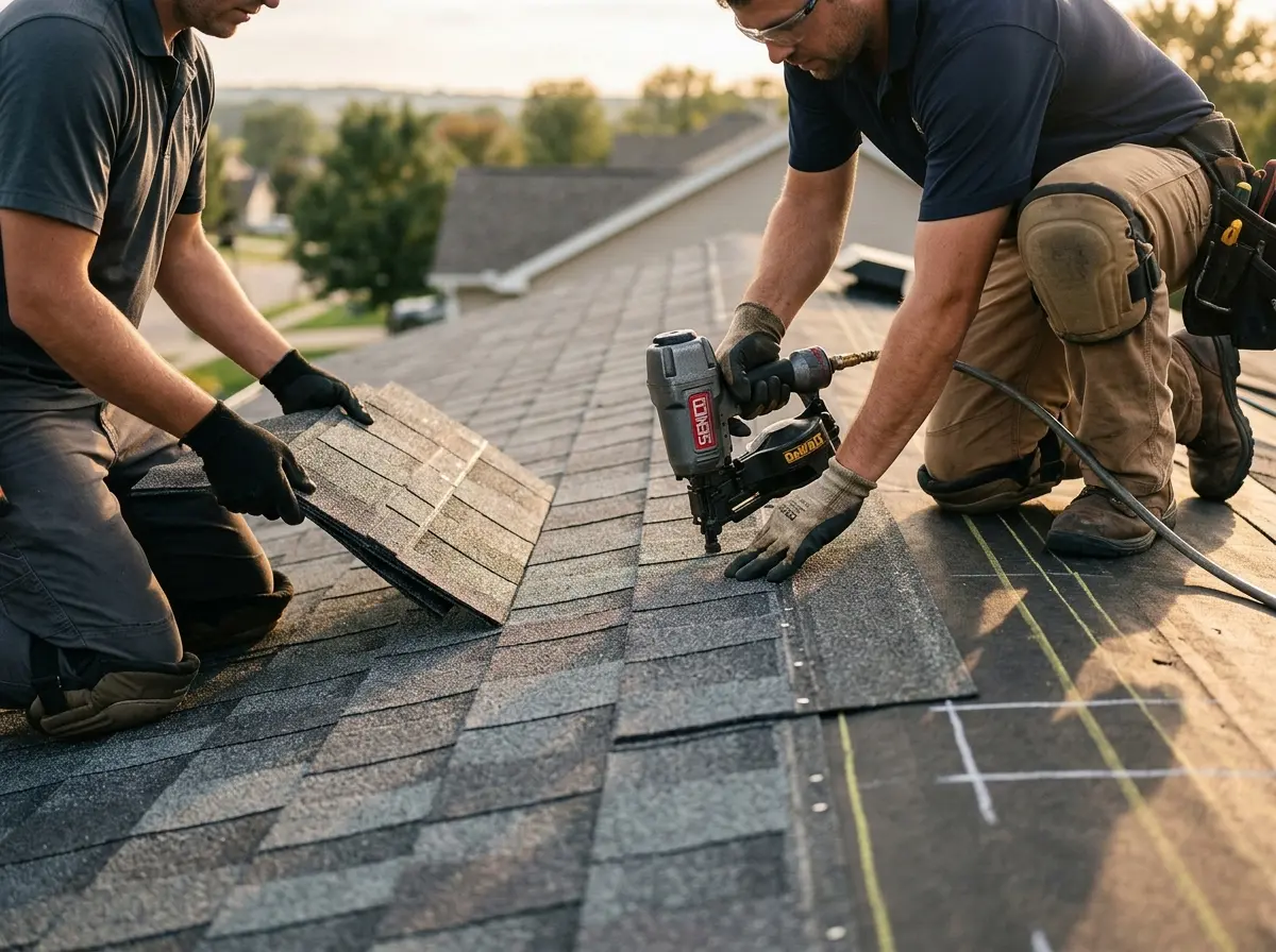 Professional roofer working on a residential roof in Spencer
